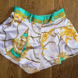 Chain link floral pleated silk shorts